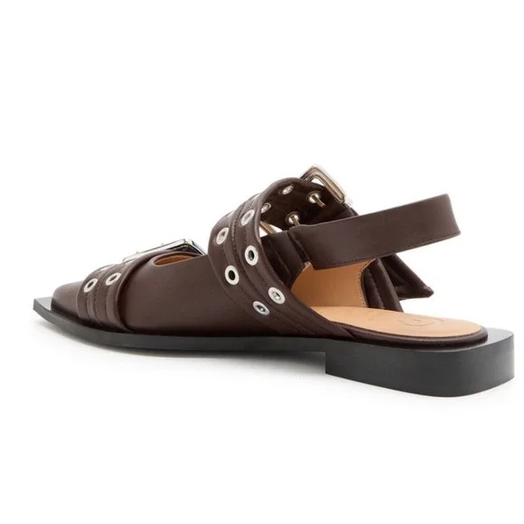 GANNI FEMININE STUDDED BUCKLE BALLERINA FLATS IN BURGUNDY VEGAN LEATHER - Picture 2 of 10